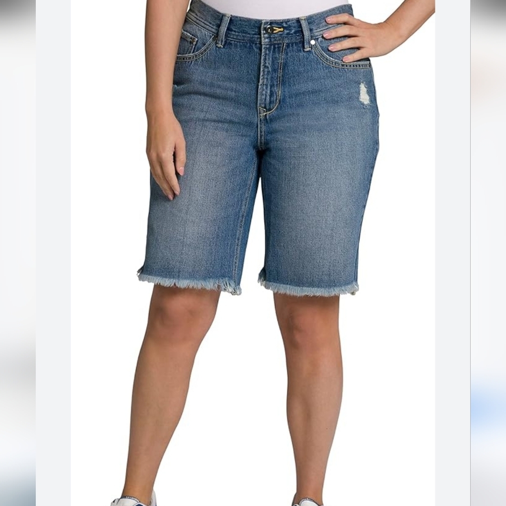 Ulla Popken 100% Cotton Denim Distressed Cut-off Boyfriend Jean Shorts Plus 24